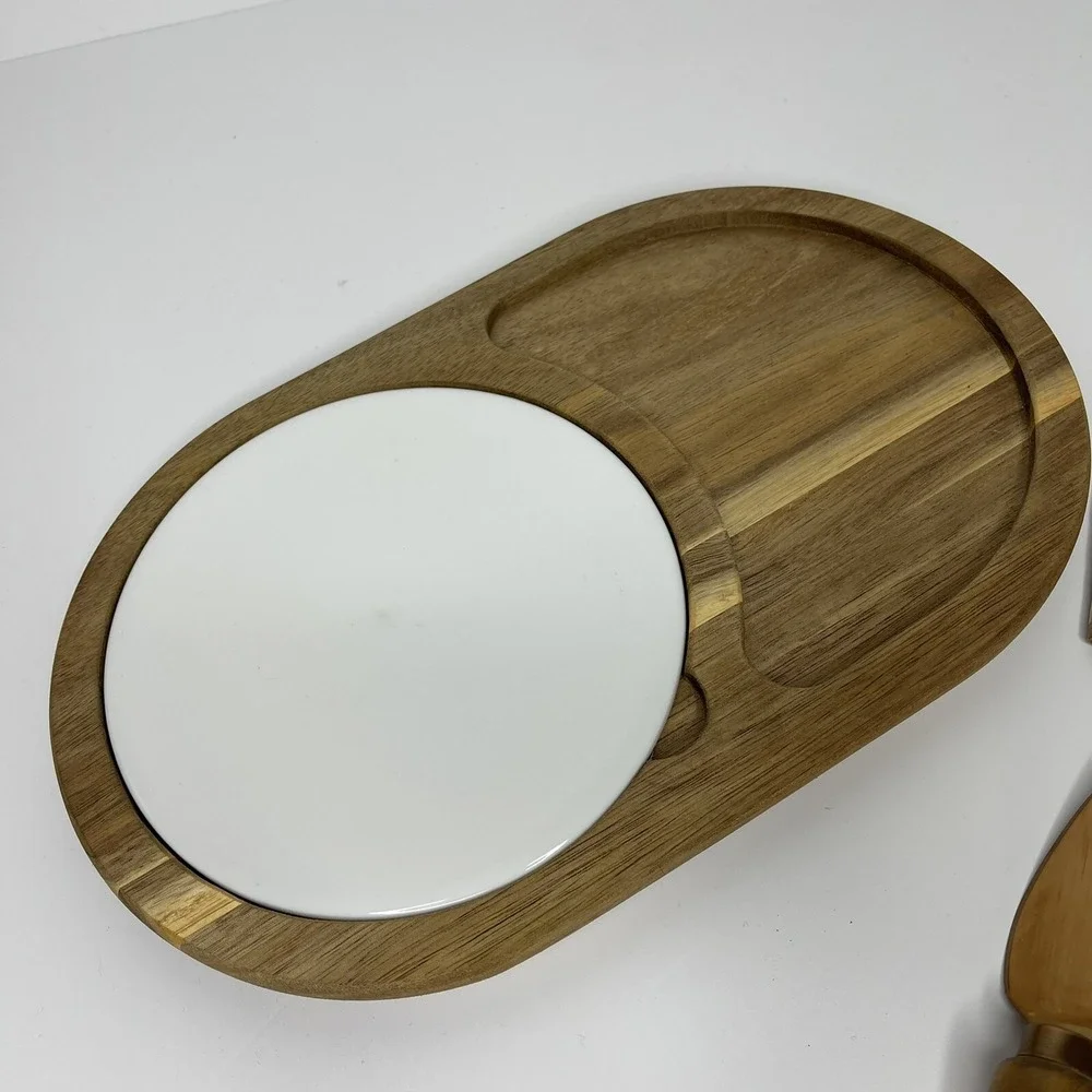 Wooden Cheese Board w/ Ceramic Center‎ and Knife Fork Copper
